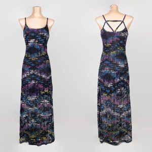 VINTAGE 90s Y2K Digital Print Stretch Mesh Party Maxi Dress With Strappy Back